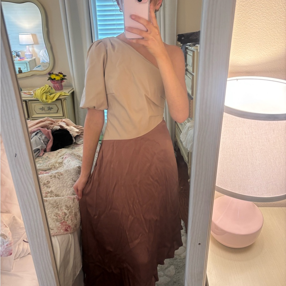 Anthropologie Beige and Brown One-Shoulder Midi Dress